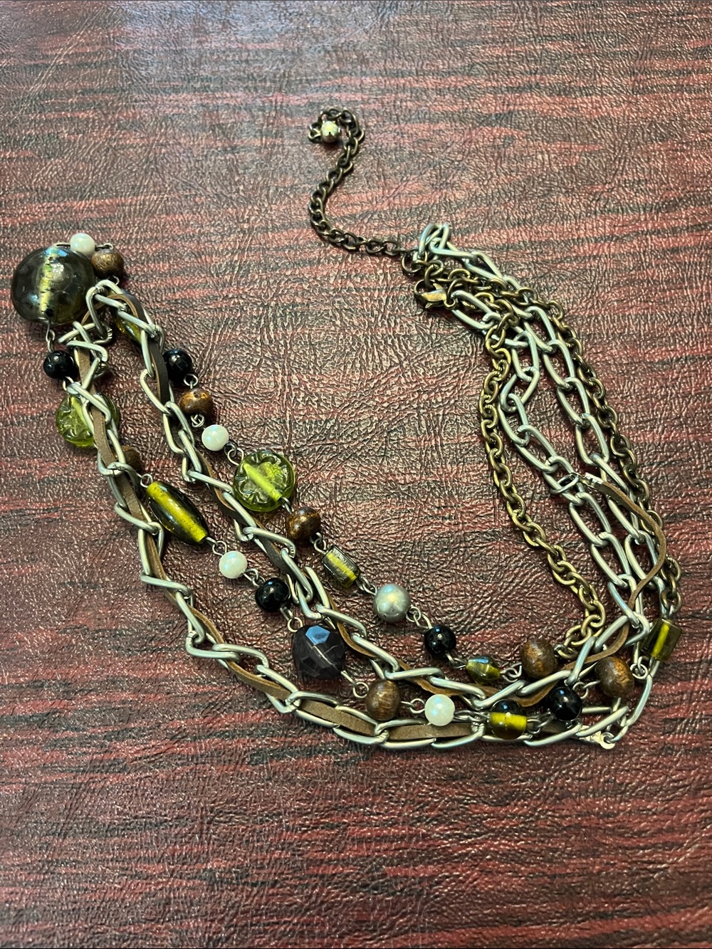 Vintage Multi-Chain Beaded Statement Necklace - Olive Green & Bronze